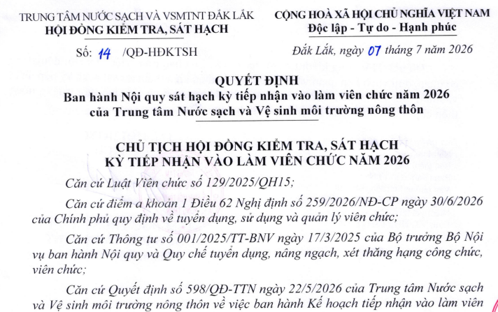 Quyết định ban hành Nội quy sát hạch kỳ tiếp nhận vào làm viên chức năm 2026 của Trung tâm Nước sạch và Vệ sinh môi trường nông thôn