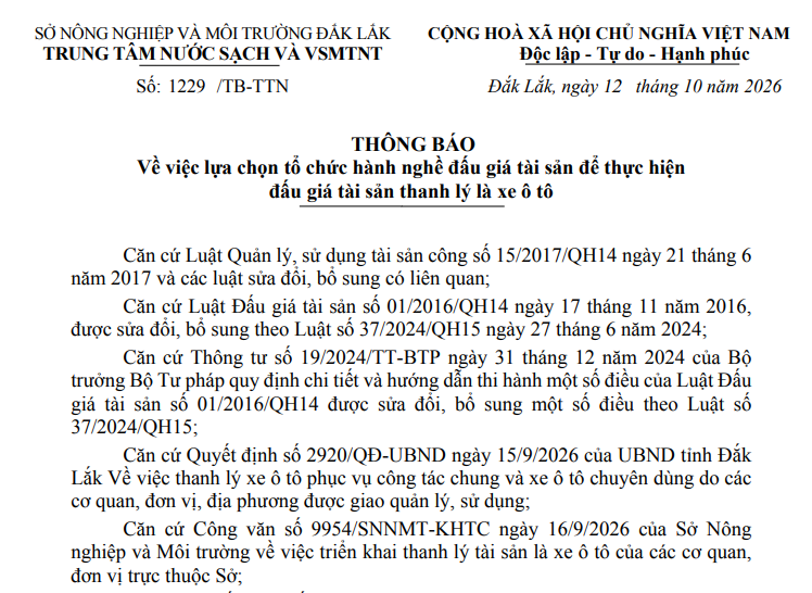 Thông báo về việc lựa chọn tổ chức hành nghề đấu giá tài sản để thực hiện đấu giá tài sản thanh lý là xe ô tô