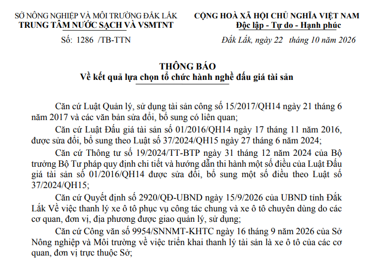 Thông báo về kết quả lựa chọn tổ chức hành nghề đấu giá tài sản