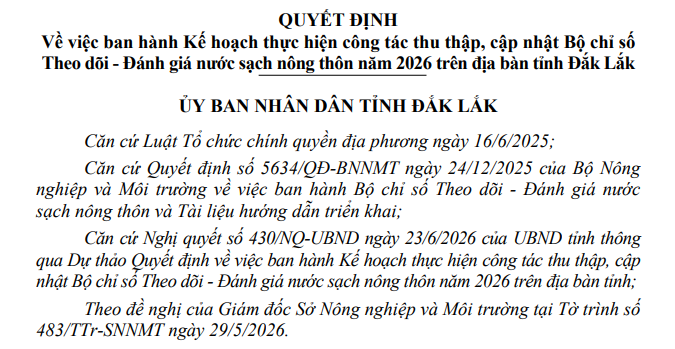 QUYẾT ĐỊNH VỀ VIỆC BAN HÀNH KẾ HOẠCH THỰC HIỆN CÔNG TÁC THU THẬP, CẬP NHẬT BỘ CHỈ SỐ THEO DÕI-ĐÁNH GIÁ NƯỚC SẠCH NÔNG THÔN NĂM 2026 TRÊN ĐỊA BÀN TỈNH ĐẮK LẮK