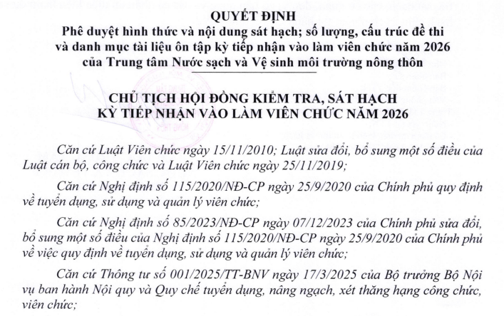 Quyết định phê duyệt hình thức và nội dung sát hạch; số lượng, cấu trúc đề thi và danh mục tài tiệu ôn tập kỳ tiếp nhận vào làm việc viên chức năm 2026 của Trung tâm Nước sạch và Vệ sinh môi trường nông thôn