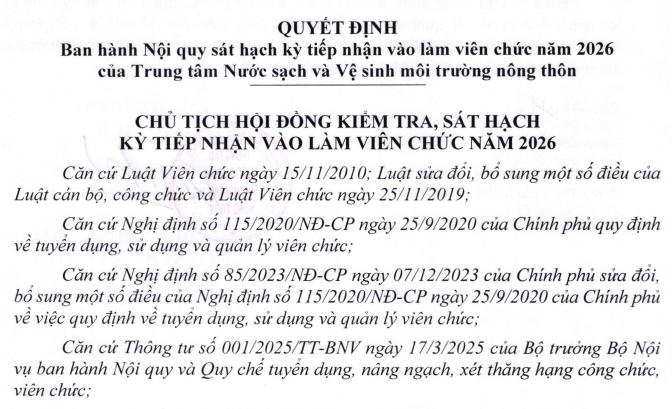 Quyết định ban hành nội quy sát hạch kỳ tiếp nhận vào làm việc viên chức năm 2026 của Trung tâm Nước sạch và Vệ sinh môi trường nông thôn