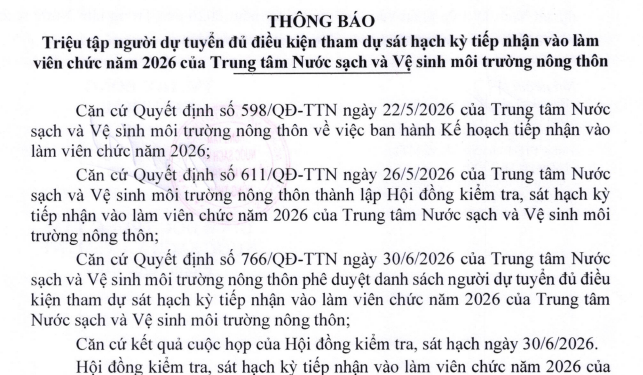 Thông báo Triệu tập người đủ điều kiện tham dự sát hạch kỳ tiếp nhận vào làm việc viên chức năm 2026 của Trung tâm Nước sạch và Vệ sinh môi trường nông thôn