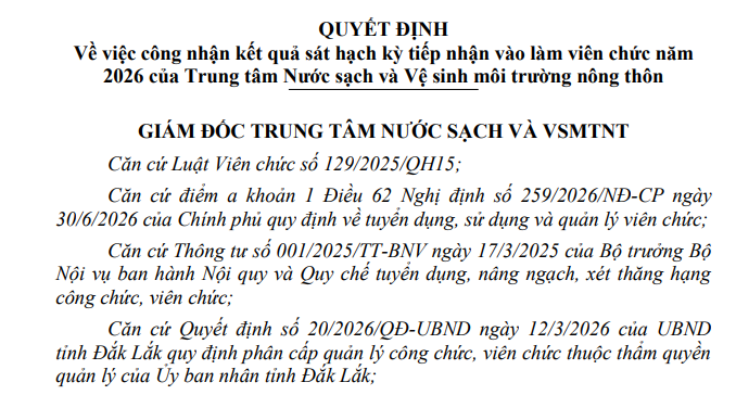 Quyết định về việc công nhận kết quả sát hạch kỳ tiếp nhận vào làm viên chức năm 2026 của Trung tâm Nước sạch và Vệ sinh môi trường nông thôn