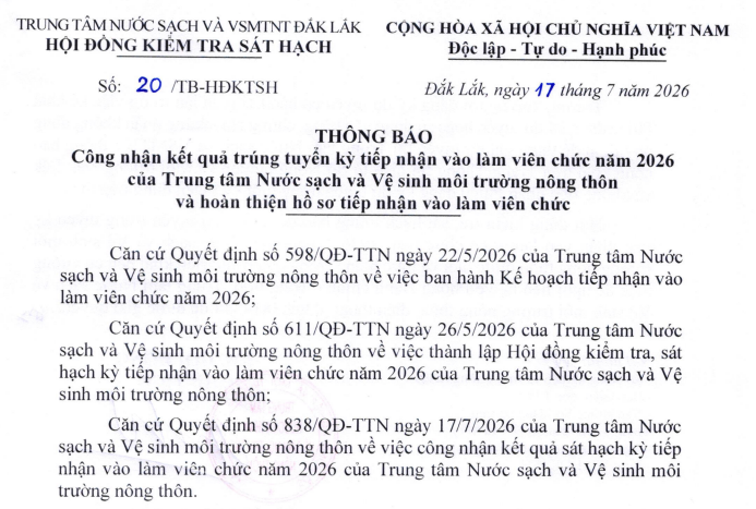 Thông báo công nhận kết quả trúng tuyển kỳ tiếp nhận vào làm viên chức năm 2026 của Trung tâm Nước sạch và Vệ sinh môi trường nông thôn và hoàn thiện hồ sơ tiếp nhận vào làm viên chức